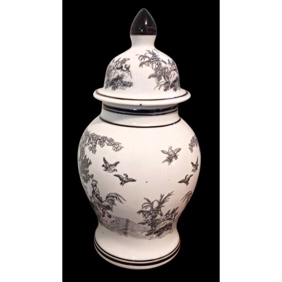 VTG Chinese Dechang Taoci Porcelain Vase & Lid White Black Roosters Trees Birds - Picture 2 of 6